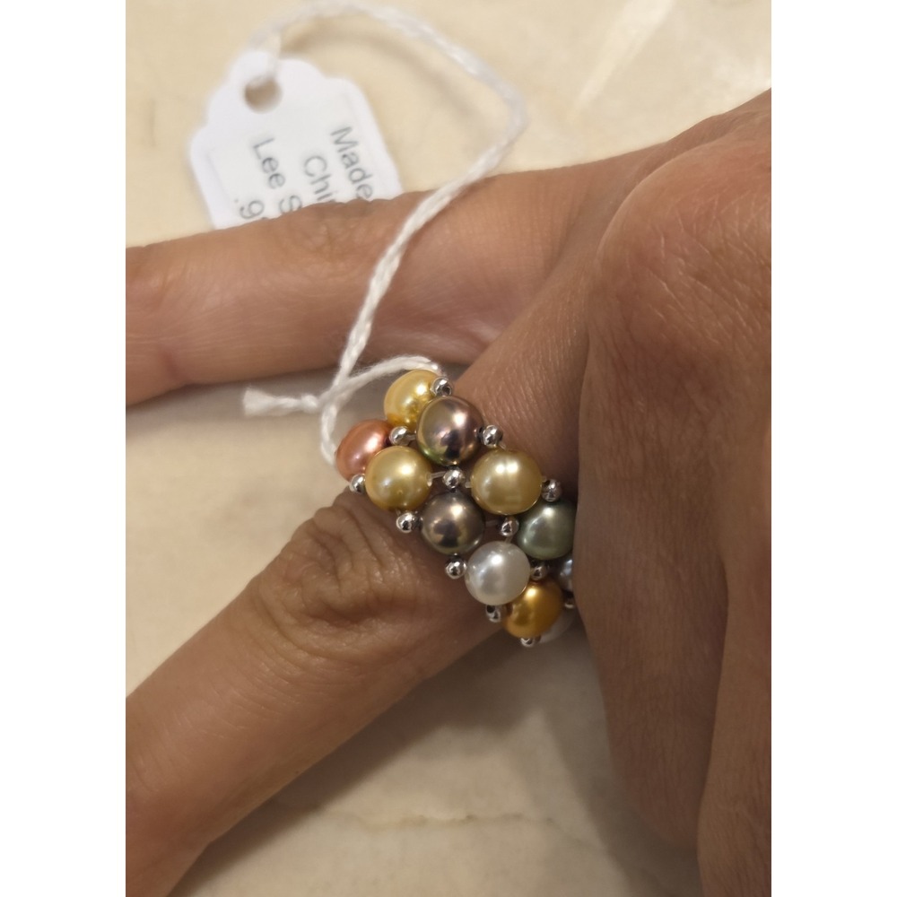 Lee Sands Multicolored Cultured Pearl Stretch Ring Sterling Silver Beads Size 8